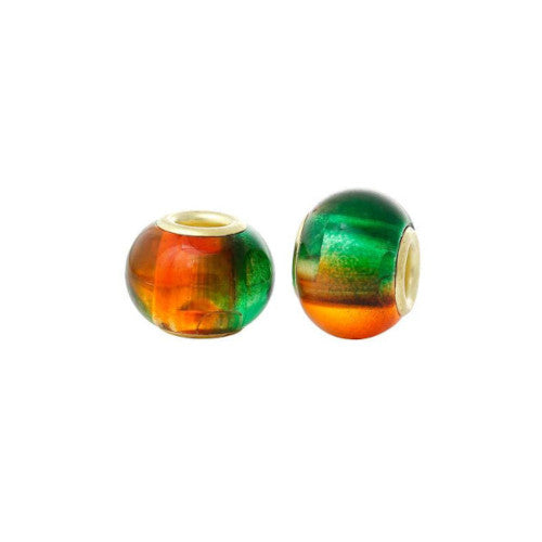 Large Hole Glass Beads, Green, Orange Two-Tone, Gold Plated Core, Rondelle, 15x12mm - BEADED CREATIONS