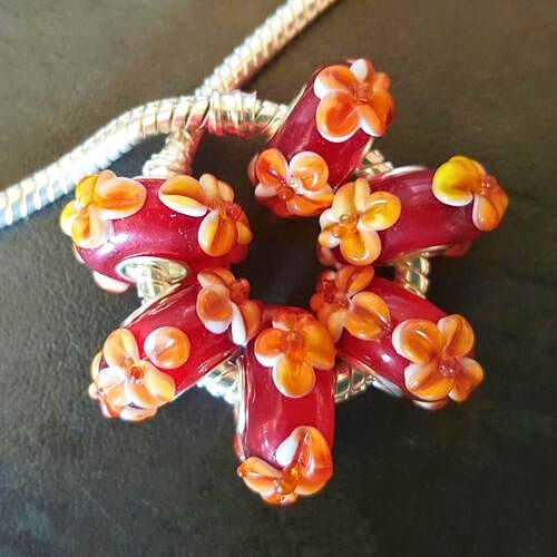 Large Hole Glass Beads, Lampwork, Red, Yellow, Raised Flowers, 14mm - BEADED CREATIONS