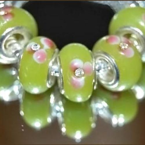 Large Hole Glass Beads, Lime Green, Pink Flowers And Rhinestones, 14mm - BEADED CREATIONS