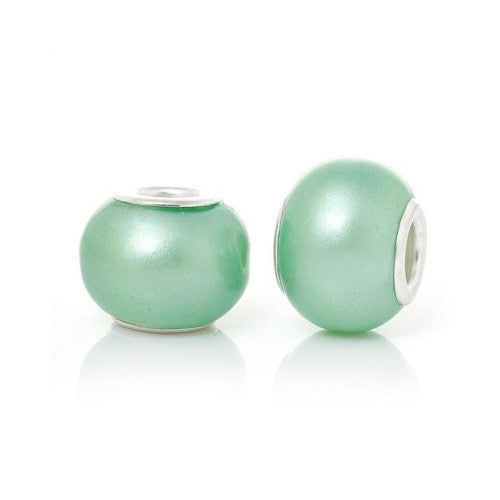 Large Hole Glass Beads, Pearlized, Light Green, 14mm - BEADED CREATIONS