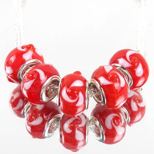 Large Hole Glass Beads, Red, White, Swirls, 14mm - BEADED CREATIONS