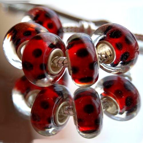 Large Hole Glass Beads, Translucent, Red With Black Spots, 14mm - BEADED CREATIONS