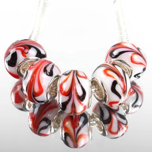 Large Hole Glass Beads, Transparent, Black, Red Swirls, 14mm - BEADED CREATIONS