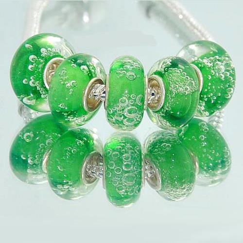 Large Hole Glass Beads, Transparent, Bubble Effect, Green, 14mm - BEADED CREATIONS