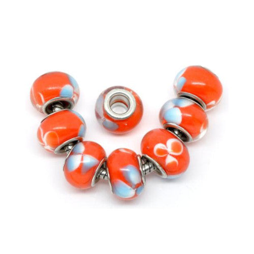 Large Hole Glass Beads, Transparent, Orange, Blue, Floral, 14mm - BEADED CREATIONS