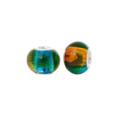 Large Hole Glass Beads, Two-Tone, Orange, Green, 15mm - BEADED CREATIONS