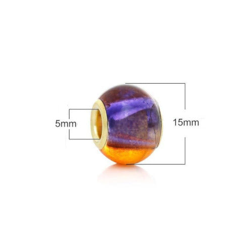 Large Hole Glass Beads, Two-Tone, Purple, Orange, 15mm - BEADED CREATIONS
