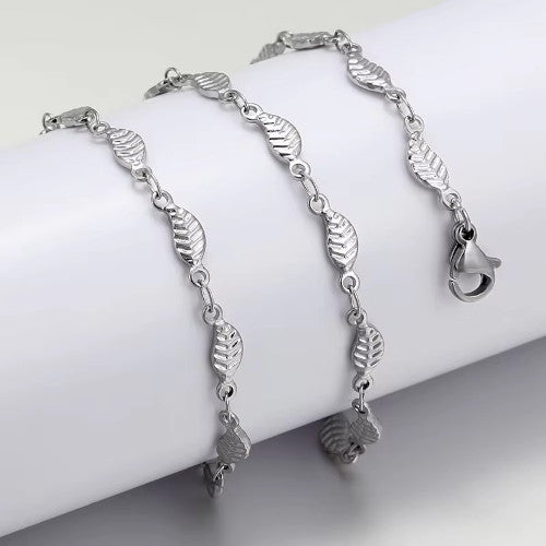 Leaf Link Chain Necklace, Stainless Steel, Silver, 45cm - BEADED CREATIONS