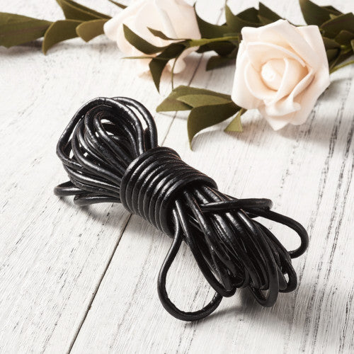 Leather Cord, Natural, Black, Round, 4mm - BEADED CREATIONS