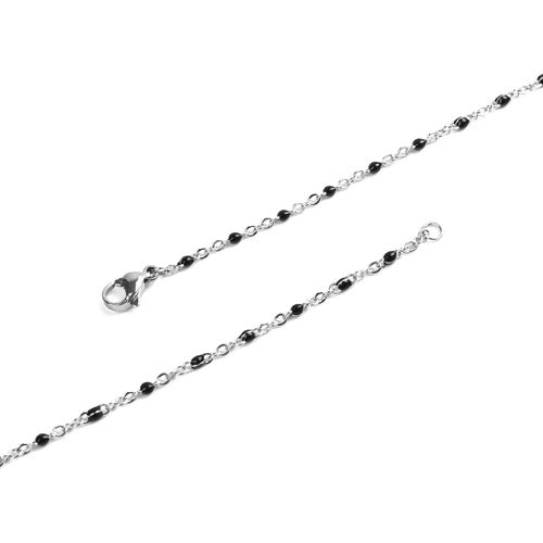 Link Chain Necklace, Stainless Steel, With Enamel, Black, Silver, 50cm - BEADED CREATIONS