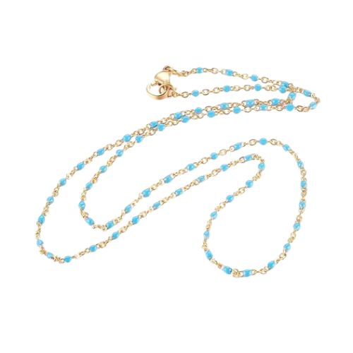 Link Chain Necklace, Stainless Steel, With Enamel, Light Blue, Gold, 50cm - BEADED CREATIONS