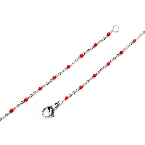 Link Chain Necklace, Stainless Steel, With Enamel, Red, Silver, 45cm - BEADED CREATIONS