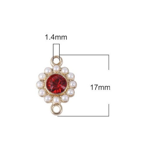 Links, Round, White Faux Pearls, Red Rhinestone, Golden, Alloy, 17mm - BEADED CREATIONS