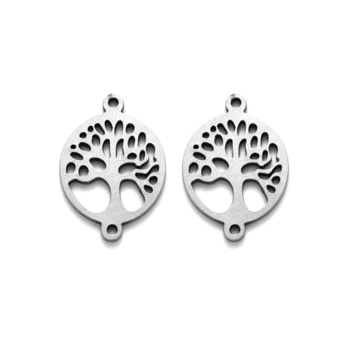 Links, Stainless Steel,  Round, Laser-Cut, Tree Of Life, Silver, 19.5mm - BEADED CREATIONS