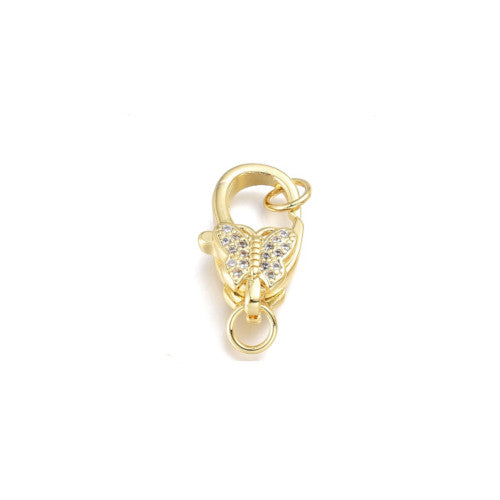 Lobster Clasps, Micro Pave, Butterfly, 18K Gold Plated, Brass, 16x9.5mm - BEADED CREATIONS