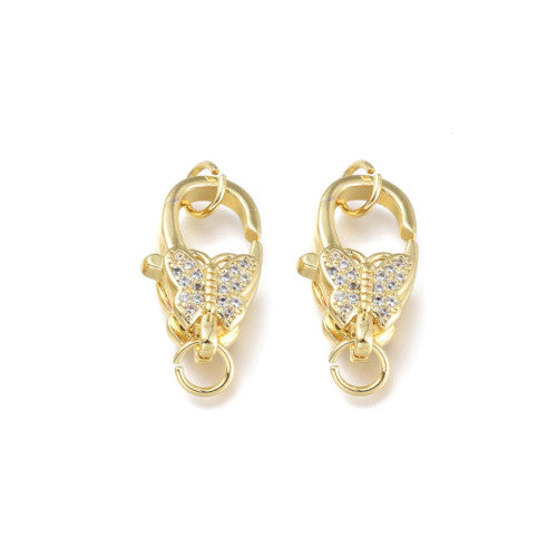 Lobster Clasps, Micro Pave, Butterfly, 18K Gold Plated, Brass, 16x9.5mm - BEADED CREATIONS