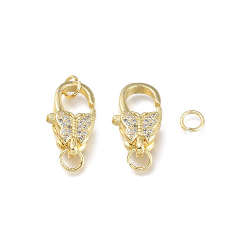 Lobster Clasps, Micro Pave, Butterfly, 18K Gold Plated, Brass, 16x9.5mm - BEADED CREATIONS