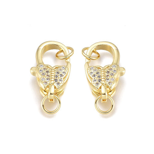 Lobster Claw Clasps, Micro Pave, Clear, Cubic Zirconia, Butterfly, 18K Gold Plated, Brass, 16x9.5mm - BEADED CREATIONS