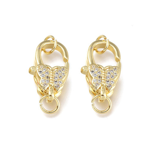 Lobster Claw Clasps, Micro Pave, Clear, Cubic Zirconia, Butterfly, 18K Gold Plated, Brass, 16x9.5mm - BEADED CREATIONS
