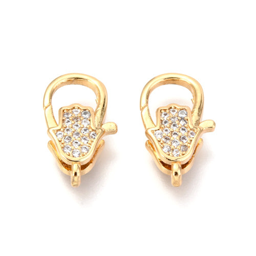 Lobster Claw Clasps, Micro Pave, Clear, Cubic Zirconia, Hamsa Hand, 18K Gold Plated, Brass, 17x10mm - BEADED CREATIONS