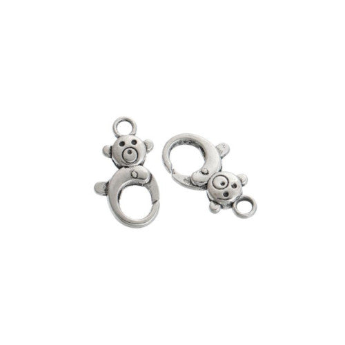 Lobster Claw Clasps, Teddy Bear, Round, Antique Silver, Alloy, 27x15mm - BEADED CREATIONS