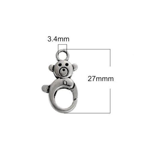 Lobster Claw Clasps, Teddy Bear, Round, Antique Silver, Alloy, 27x15mm - BEADED CREATIONS