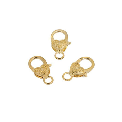 Lobster Claw Clasps, Heart, Ornate, Gold Plated, Alloy, 27x14mm - BEADED CREATIONS