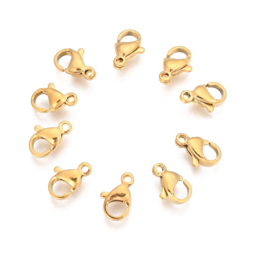 Lobster Claw Clasps, Stainless Steel, Gold Plated, 10x7mm - BEADED CREATIONS