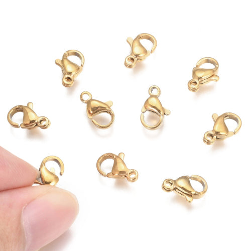 Lobster Claw Clasps, Stainless Steel, Gold Plated, 10x7mm - BEADED CREATIONS