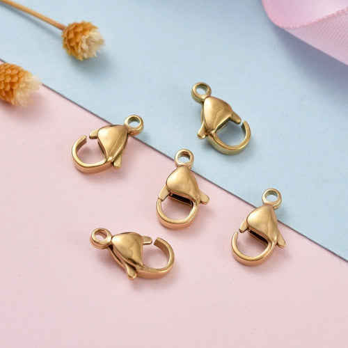 Lobster Claw Clasps, Stainless Steel, (IP), 18K Gold Plated, 12x7mm - BEADED CREATIONS