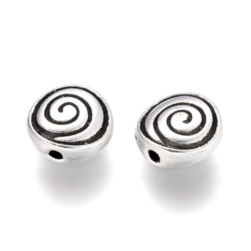 Metal Beads, Tibetan Style, Flat, Round, Double-Sided, Grooved, Vortex, Antique Silver, Alloy, 8mm - BEADED CREATIONS