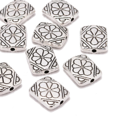 Metal Beads, Tibetan Style, Ornate, Rectangle, Antique Silver, Alloy, 12mm - BEADED CREATIONS