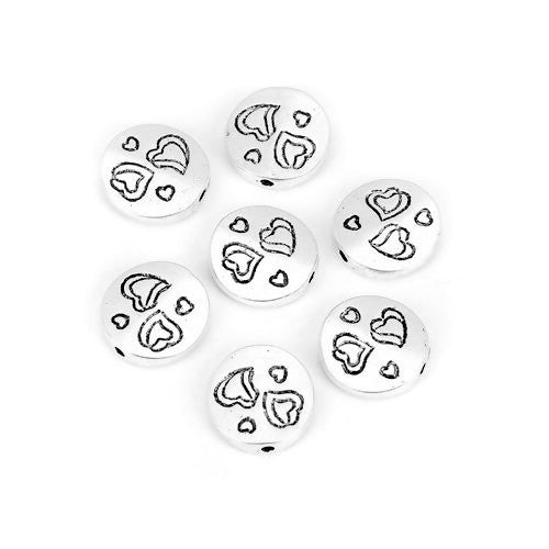 Metal Beads, Tibetan Style, Round, With Hearts, Antique Silver, Alloy, 15mm - BEADED CREATIONS