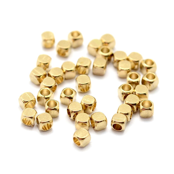 Metal Spacer Beads, Cube, Raw, (Unplated), Brass, Golden, 2.5mm - BEADED CREATIONS