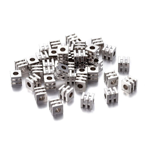 Metal Spacer Beads, Grooved Cube, Plated, Brass, Silver, 4mm - BEADED CREATIONS