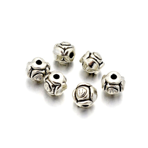 Metal Spacer Beads, Round, Rose Flower, Antique Silver, Alloy, 5mm - BEADED CREATIONS