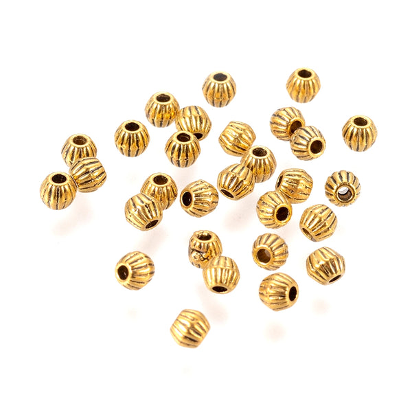 Metal Spacer Beads, Tibetan Style, Corrugated, Bicone, Antique Gold, Alloy, 4mm - BEADED CREATIONS