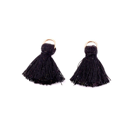 Mini Tassels, With Gold Jump Ring, Black, Polycotton, 20-30mm