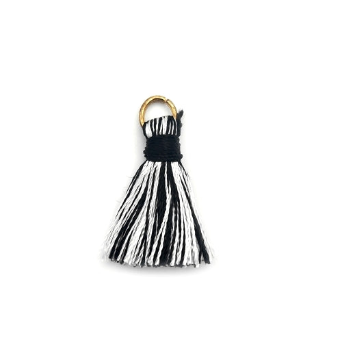 Mini Tassels, With Gold Jump Ring, Black, White, Polyester, 25mm - BEADED CREATIONS