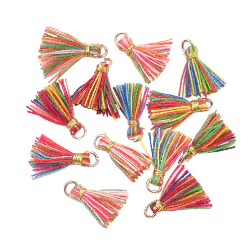 Mini Tassels, With Gold Jump Ring, Polycotton, Mixed, Rainbow, 10-15mm - BEADED CREATIONS