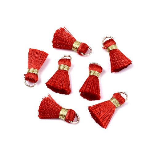 Mini Tassels, With Gold Jump Ring, Red, Gold, Polycotton, 17-21mm - BEADED CREATIONS