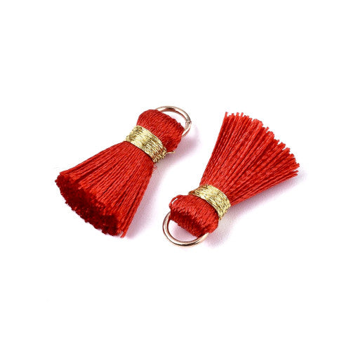 Mini Tassels, With Gold Jump Ring, Red, Gold, Polycotton, 17-21mm - BEADED CREATIONS