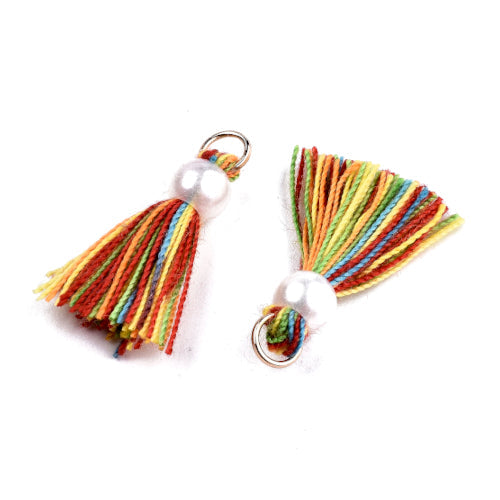 Mini Tassels, With Jump Ring And Faux Pearl, Polycotton, Mixed, Rainbow, 23mm - BEADED CREATIONS