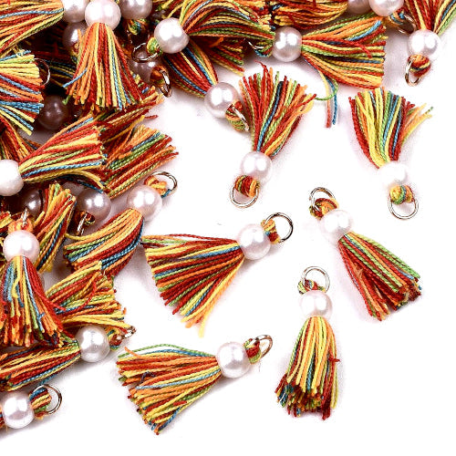 Mini Tassels, With Jump Ring And Faux Pearl, Polycotton, Mixed, Rainbow, 23mm - BEADED CREATIONS