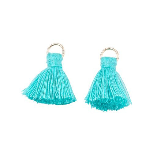 Mini Tassels, With Light Gold Jump Ring, Polycotton, Turquoise, 20-30mm - BEADED CREATIONS