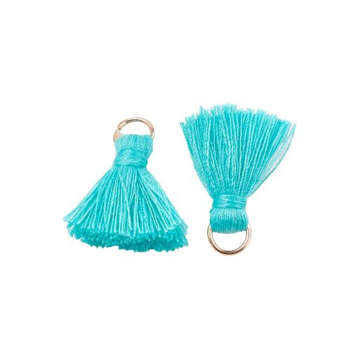 Mini Tassels, With Light Gold Jump Ring, Polycotton, Turquoise, 20-30mm - BEADED CREATIONS