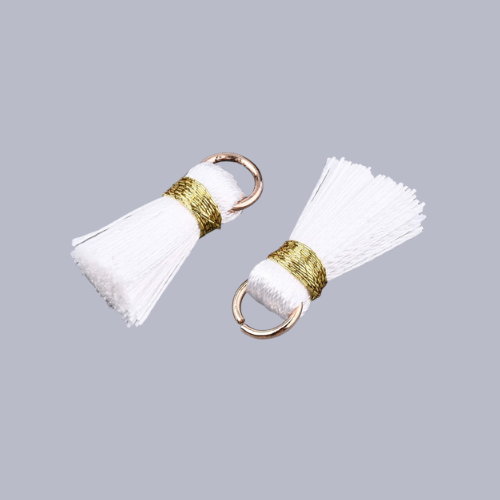 Mini Tassels, With Gold Jump Ring, White, 17-21mm - BEADED CREATIONS