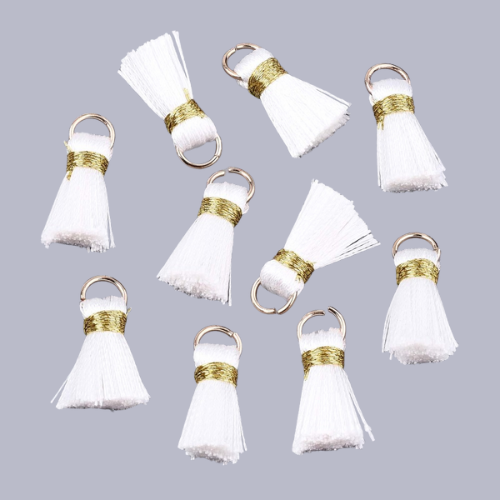 Mini Tassels, With Gold Jump Ring, White, 17-21mm - BEADED CREATIONS