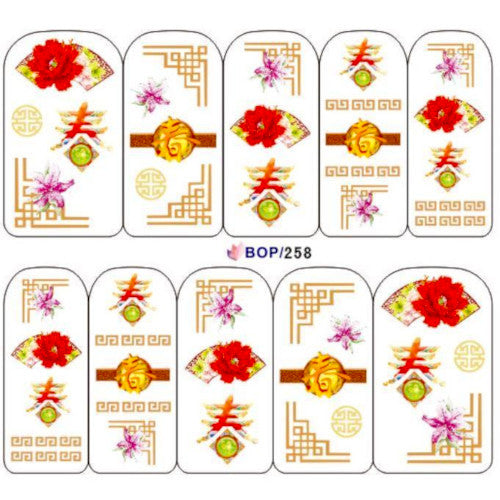 Nail Art Decals, Water Transfer Sliders, Floral, Ornate, Gold, Red. BOP258 - BEADED CREATIONS