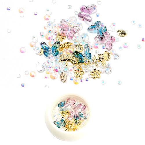 Nail Art Decorations, 3D Nail Art Mix, Butterfly, Flowers, AB Rhinestones, Pink, Blue - BEADED CREATIONS